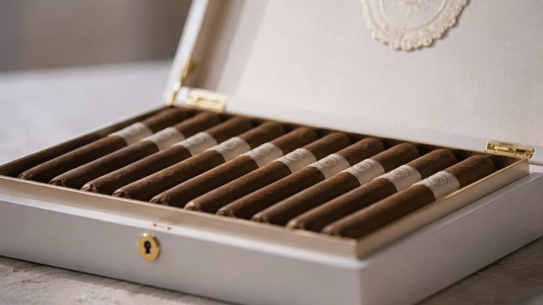 Gros plan sur un coffret de cigares blanc ouvert